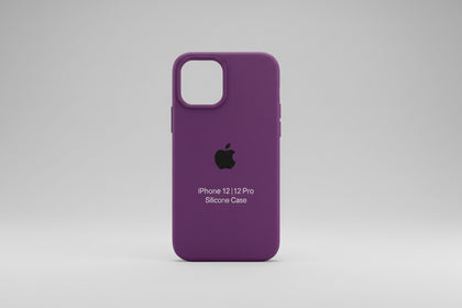 Purple phone case with Apple logo held by a hand on a blue surface