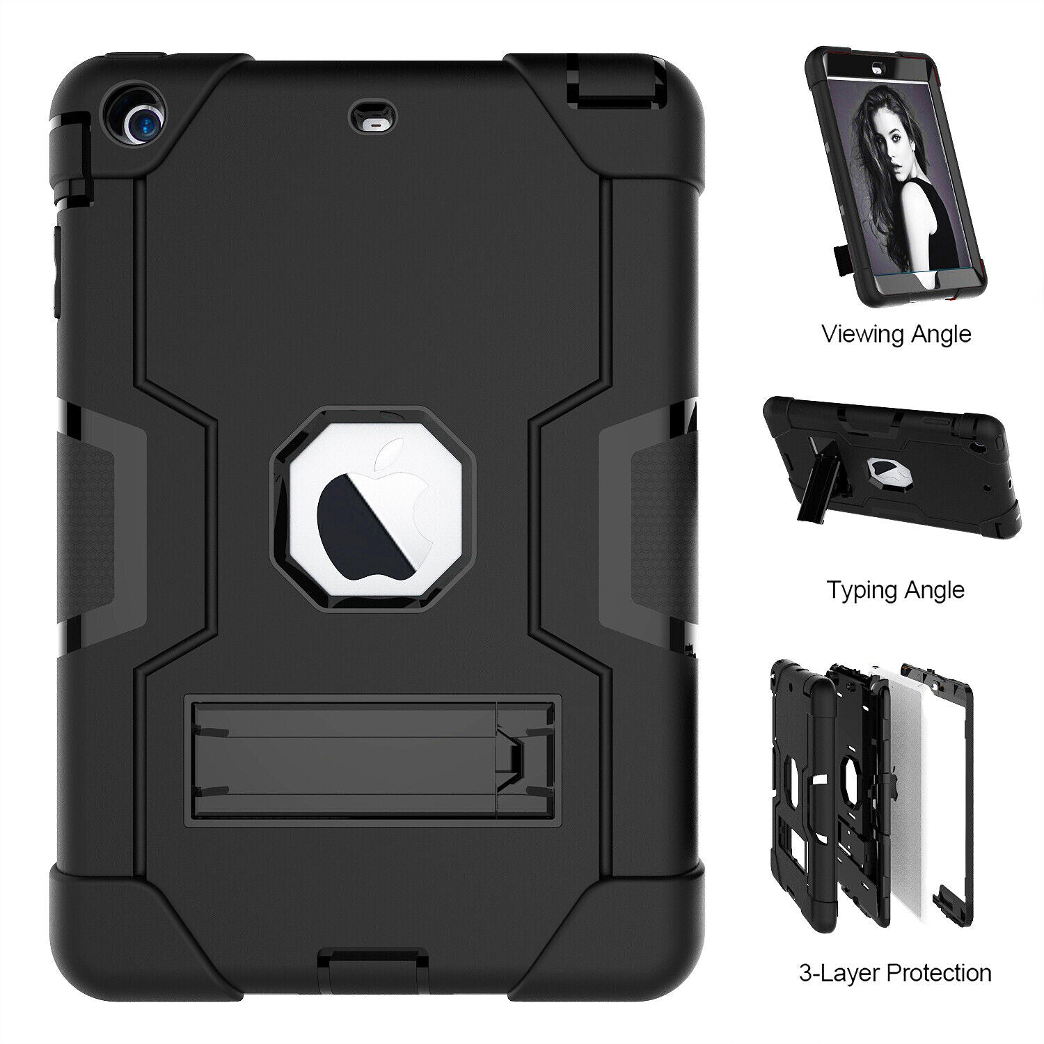 Apple iPad 7, 8 and 9 (10.2 inch) & iPad Air 3 (10.5) Black Shockproof Rugged Case with Kickstand *Free Shipping*