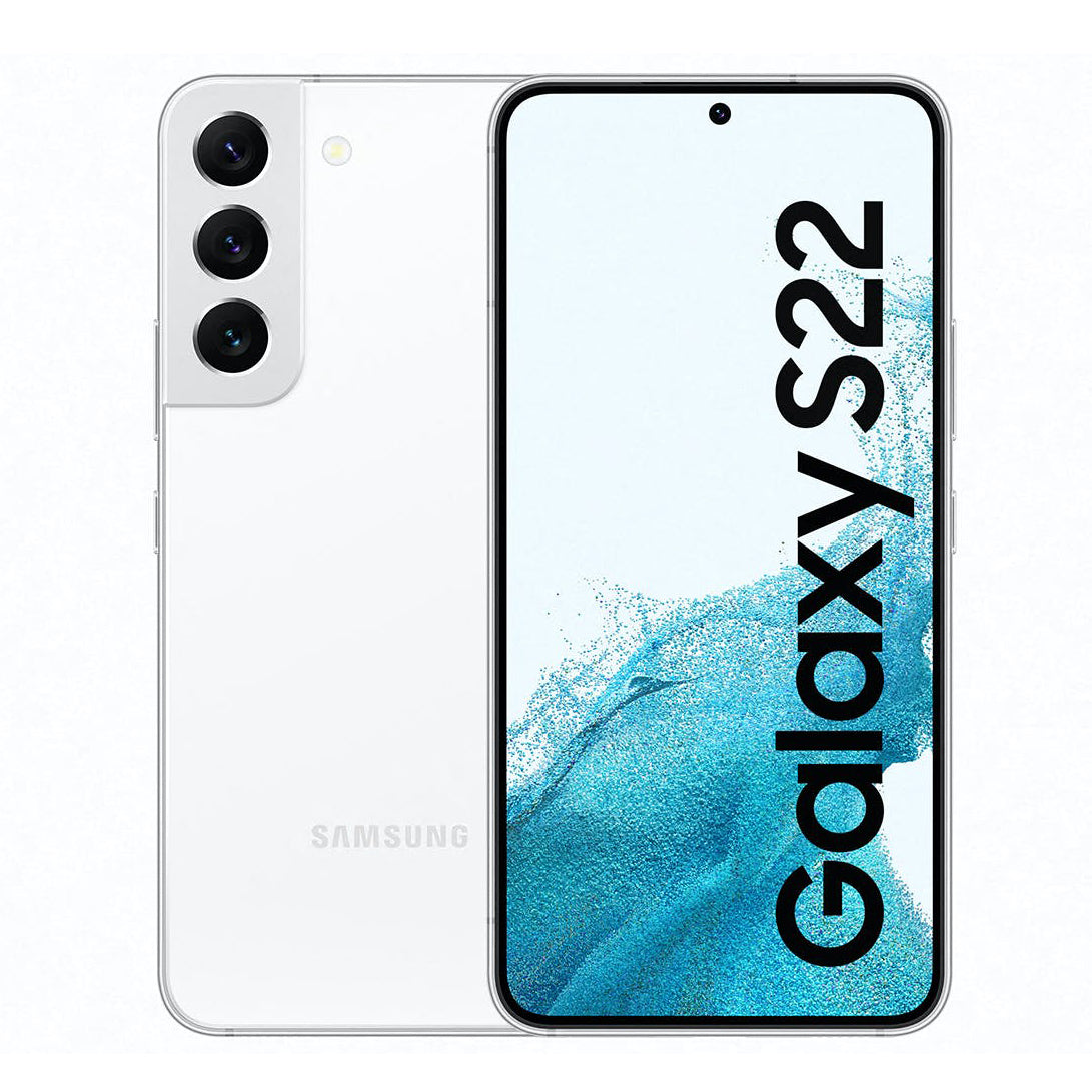 Samsung Galaxy S22 in white color with a clear screen protector showcasing the display and camera module.