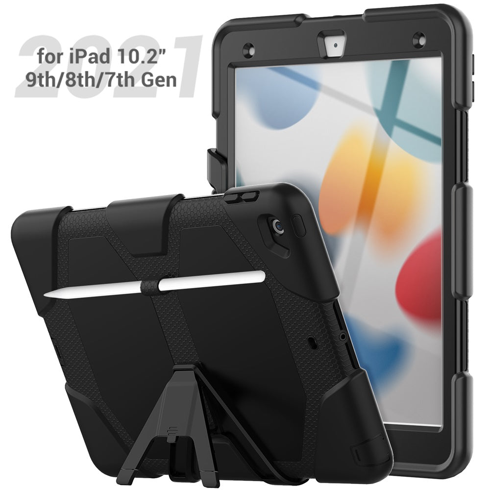 iPad 7th, 8th & 9th Gen 10.2-inch (Black) Heavy Duty Rugged Shockproof Case w Built-in Screen Protector, Kickstand