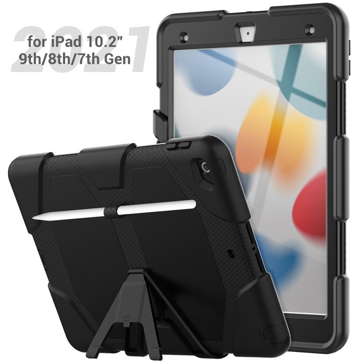 iPad 7th, 8th & 9th Gen 10.2-inch (Black) Heavy Duty Rugged Shockproof Case w Built-in Screen Protector, Kickstand & Pencil Holder