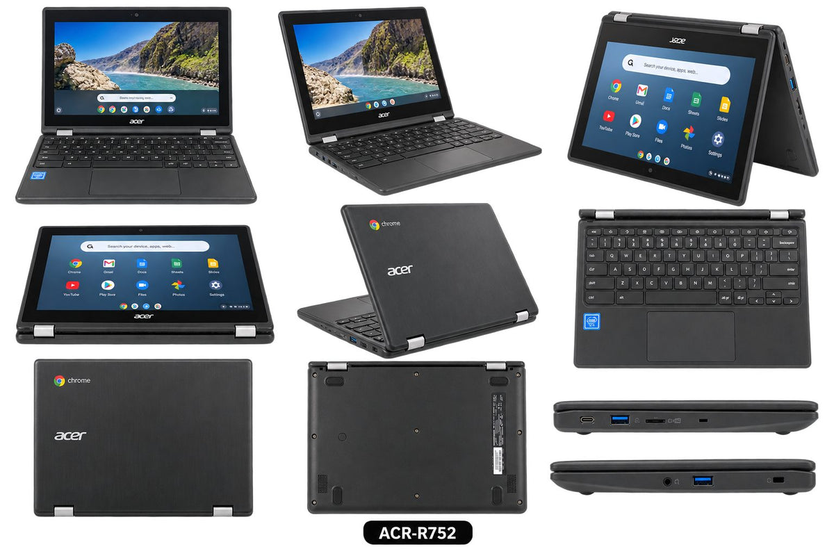 Acer Chromebook Spin 511 R752T collage showing screen, keyboard, lid, base and ports - SmartGear NZ