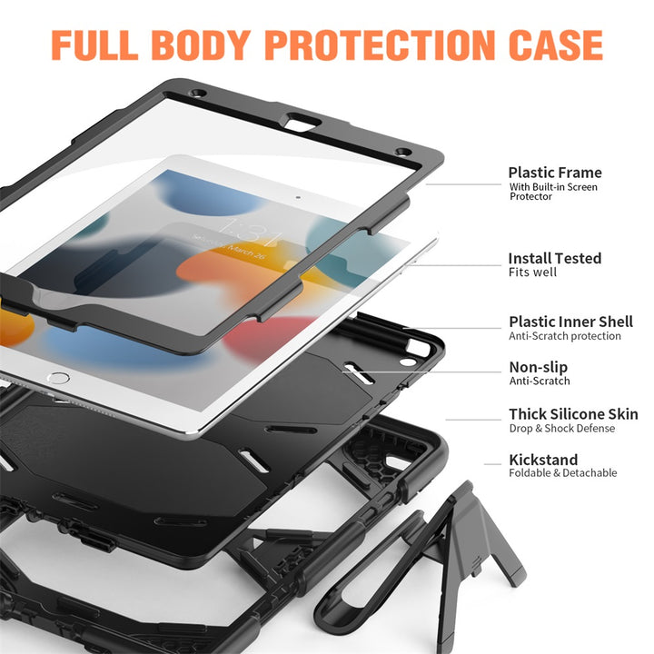 iPad 7th, 8th & 9th Gen 10.2-inch (Black) Heavy Duty Rugged Shockproof Case w Built-in Screen Protector, Kickstand & Pencil Holder