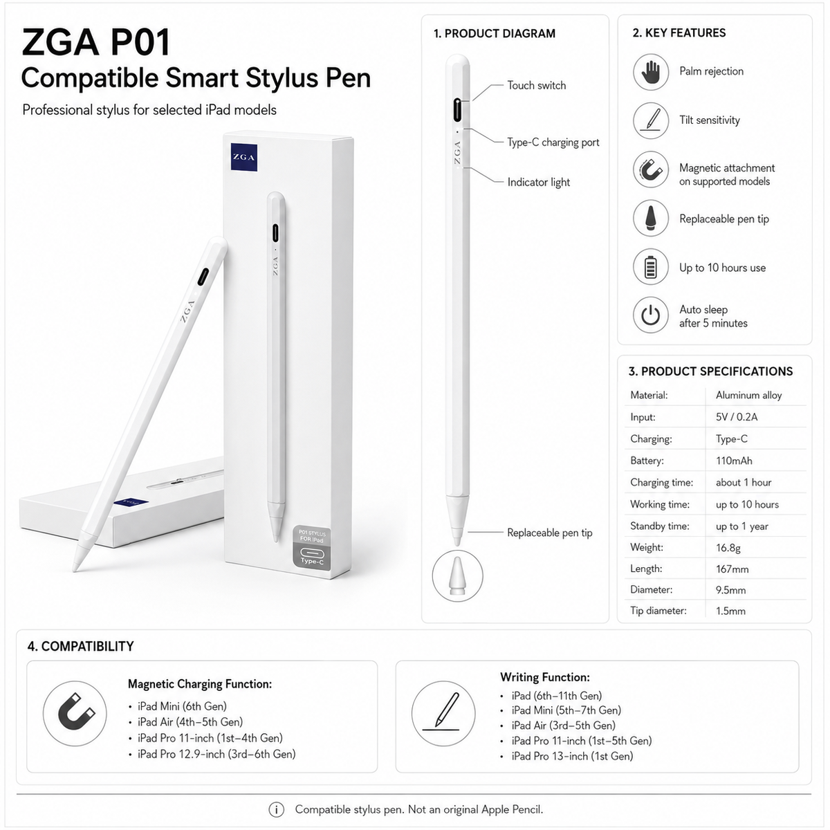ZGA P01 Premium Compatible Smart Stylus Pen for iPad – Type-C Charging