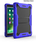 A shockproof rugged case for Apple iPad, featuring a built-in kickstand, in dark blue and black colors.