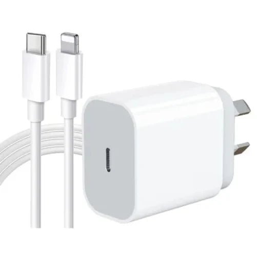 White charging adapter and cable with USB-C and Lightning connectors on a white background