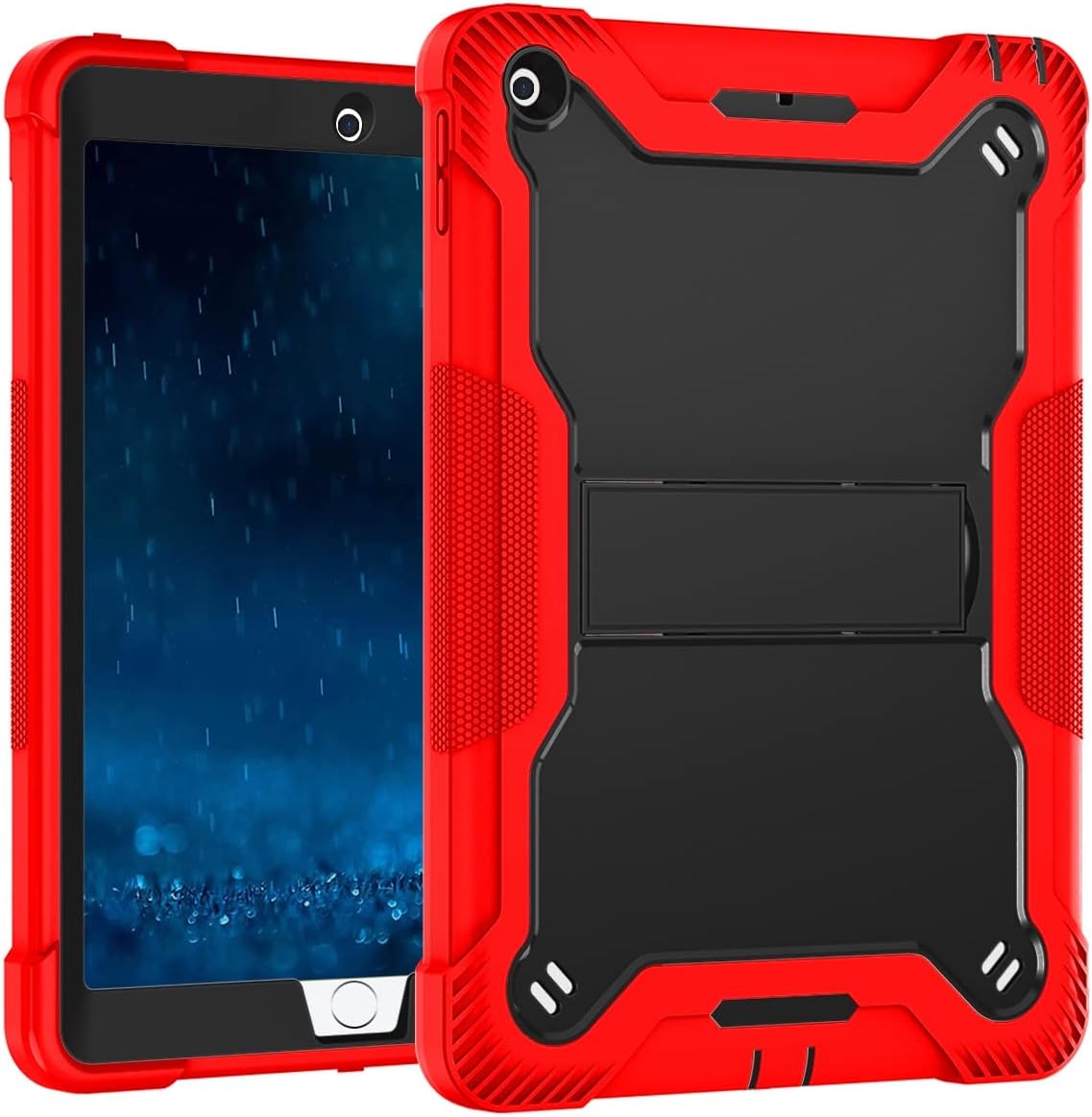 Apple iPad 7, 8, 9 (10.2 inch) Red Black Shockproof Rugged Case with Kickstand