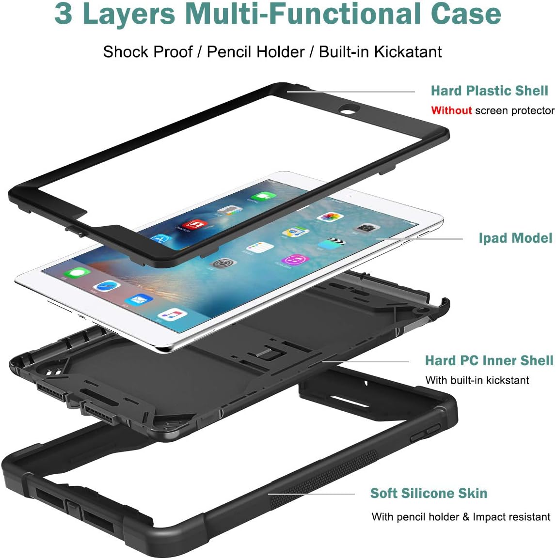 Apple iPad 7, 8 and 9 (10.2 inch) Black Shockproof Rugged Case with Kickstand *Free Shipping*