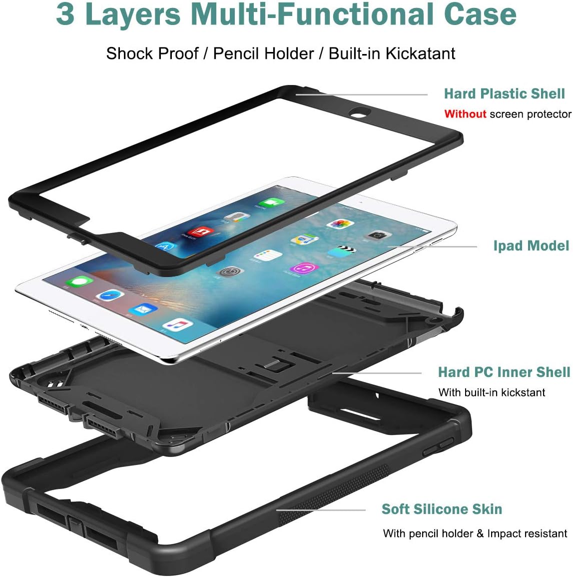 Apple iPad 7, 8 and 9 (10.2 inch) Black Shockproof Rugged Case with Kickstand