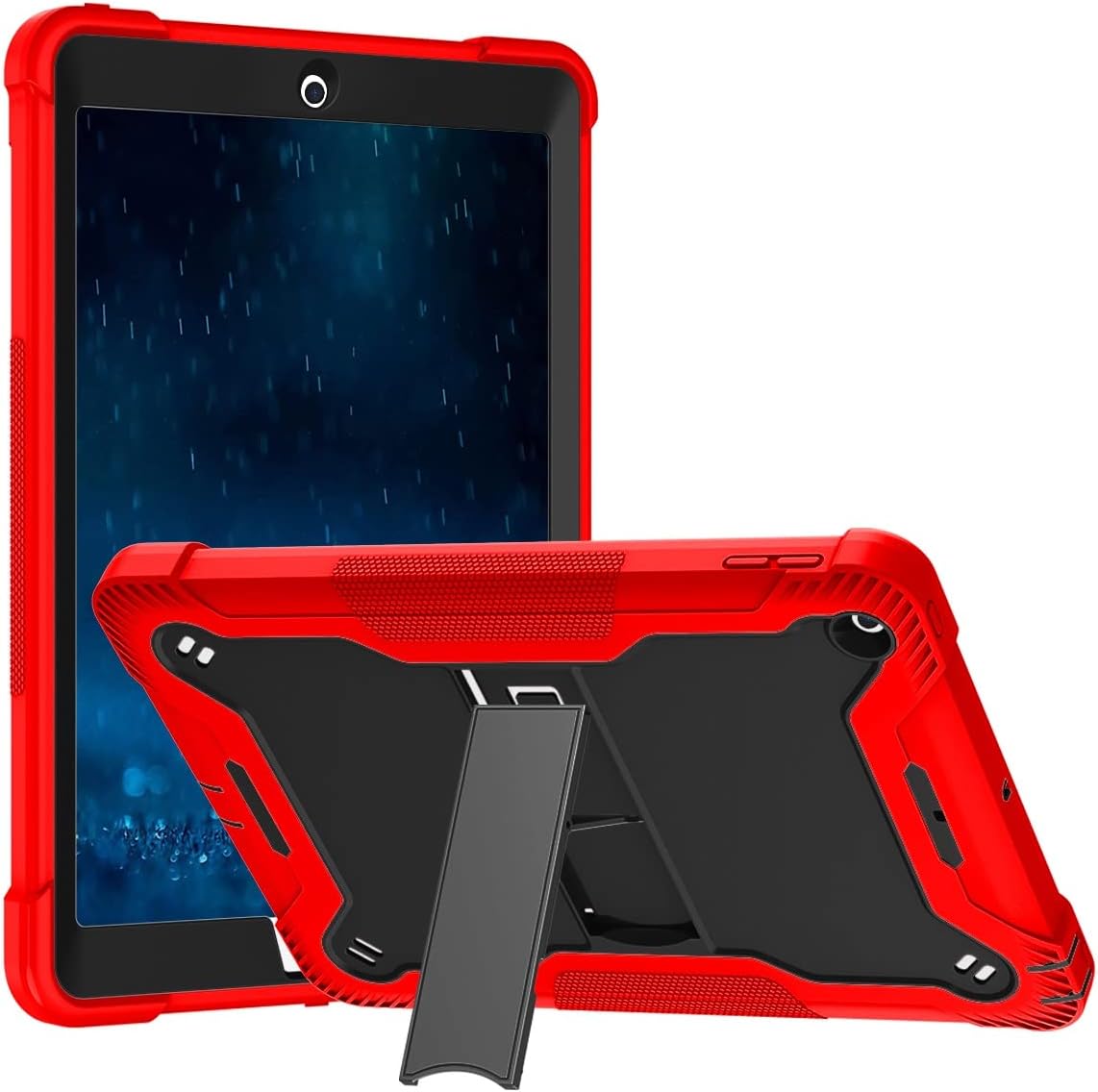 Apple iPad 5, 6, Air 2 (9.7 inch) Red Black Shockproof Rugged Case with Kickstand