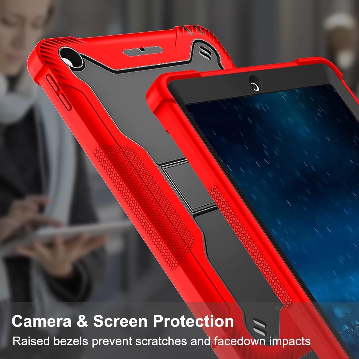 Apple iPad 7, 8, 9 (10.2 inch) Red Black Shockproof Rugged Case with Kickstand