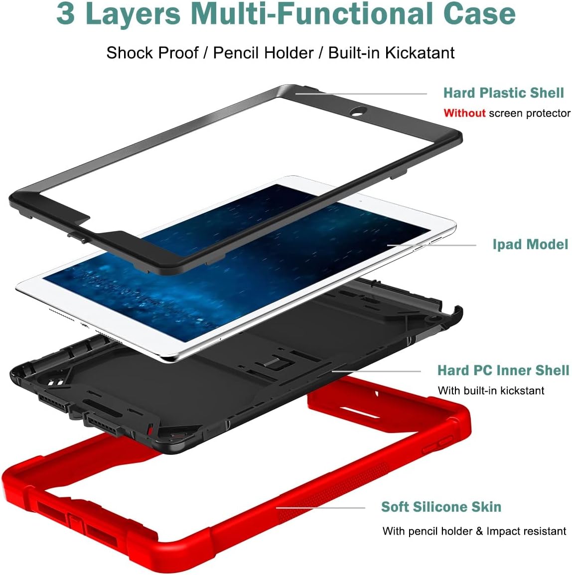 Apple iPad 7, 8, 9 (10.2 inch) Red Black Shockproof Rugged Case with Kickstand *Free Shipping*