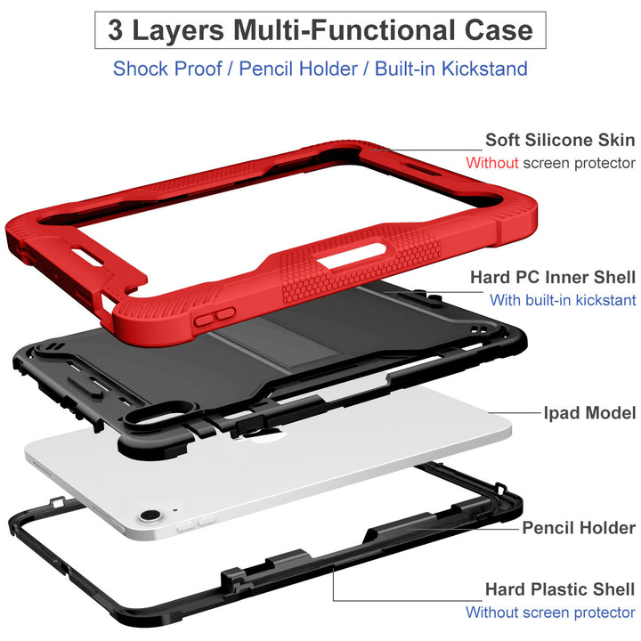 iPad 10th Gen 10.9-inch & 11th Gen 11-inch Rugged Shockproof Case with Kickstand & Pencil Holder - Red Black