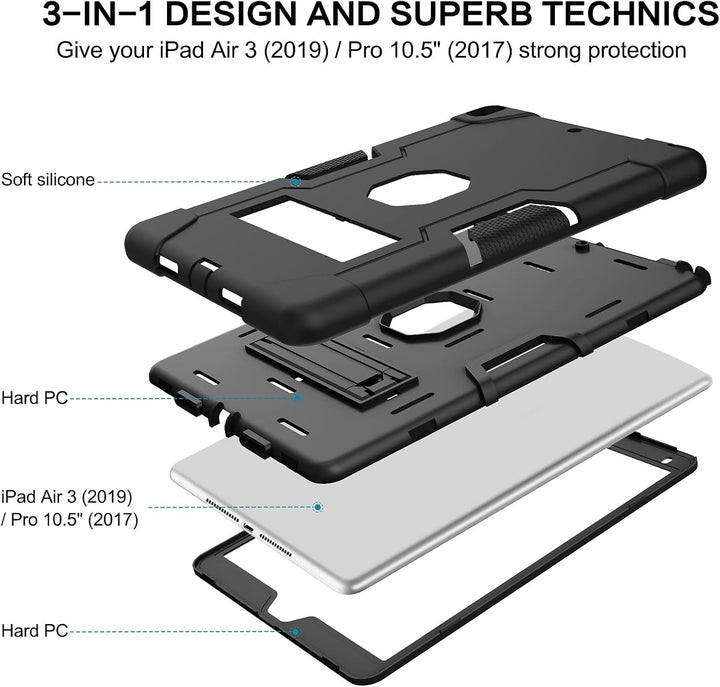 Apple iPad Air 3 (2019) & iPad Pro 10.5 (2017) Heavy Duty Rugged Shockproof Case with Kickstand (Black)