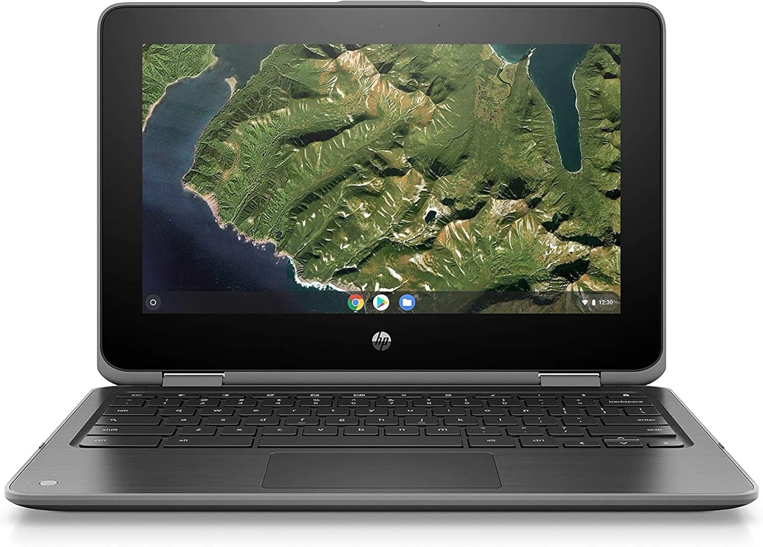 HP x360 G2 EE 11 inch Chromebook with a scenic display on a white background
