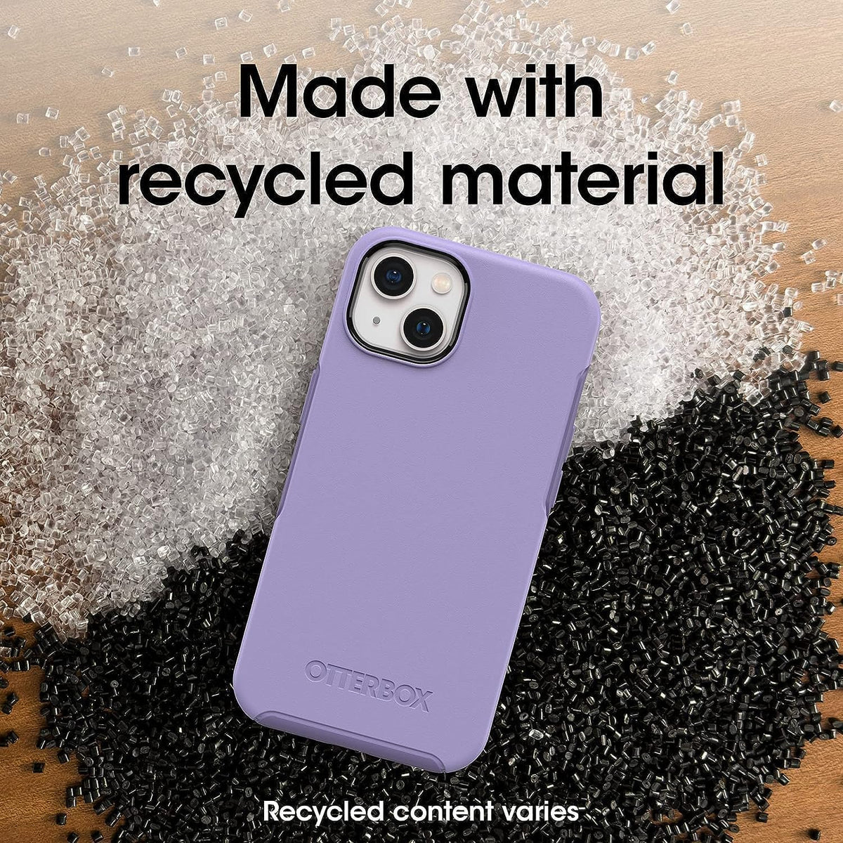 Purple phone case with recycled material text on a background of crushed plastic bottles