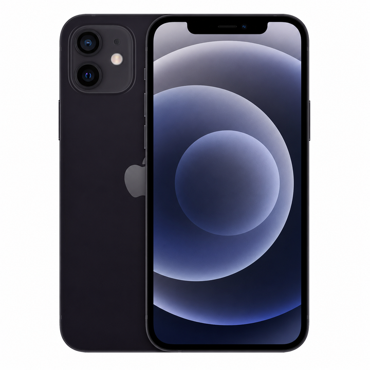 Black smartphone with a reflective screen on a white background at SmartGear NZ iPhone 12