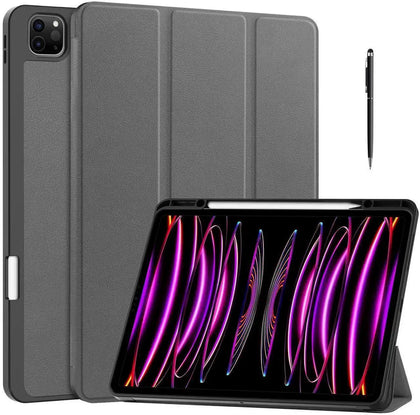 iPad Pro 12.9 2018 to 2022 Tri-Fold PU Leather Case with Pencil Holder - Gray