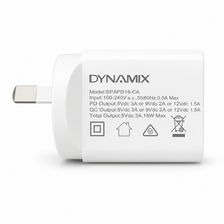 DYNAMIX 18W USB-C PD + USB-A QC3.0 Dual Port Fast Wall Charger – SPAPD18-CA