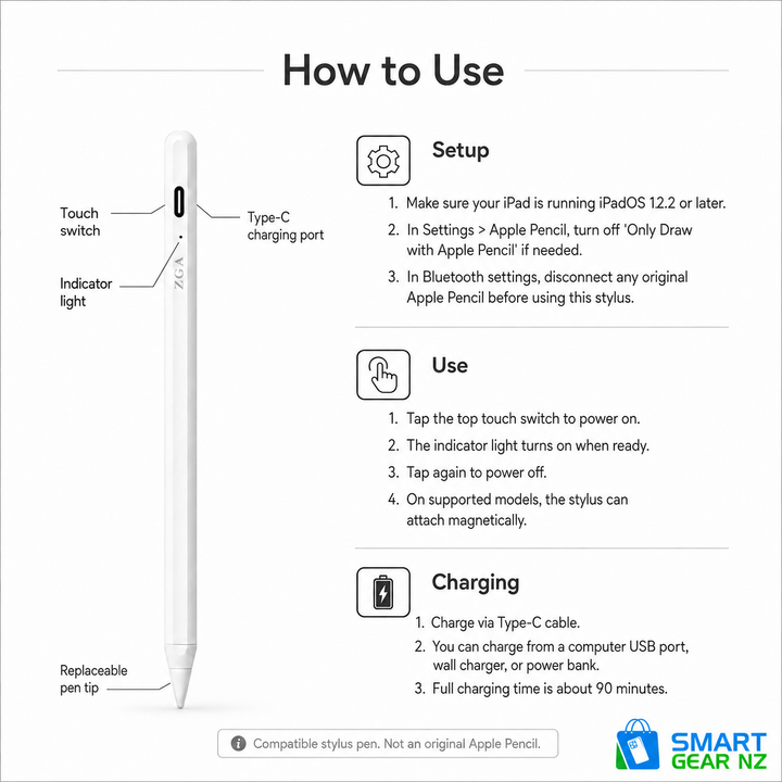 ZGA P01 Premium Compatible Smart Stylus Pen for iPad – Type-C Charging