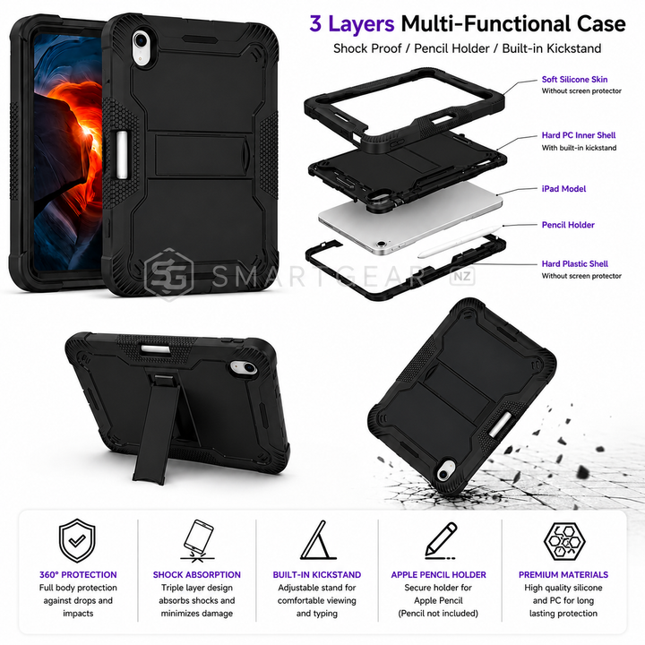 iPad 10th & 11th Gen Shockproof Case with Kickstand & Pencil Holder – Blue