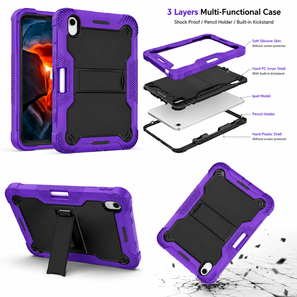 iPad 10th & 11th Gen Shockproof Case with Kickstand & Pencil Holder – Purple