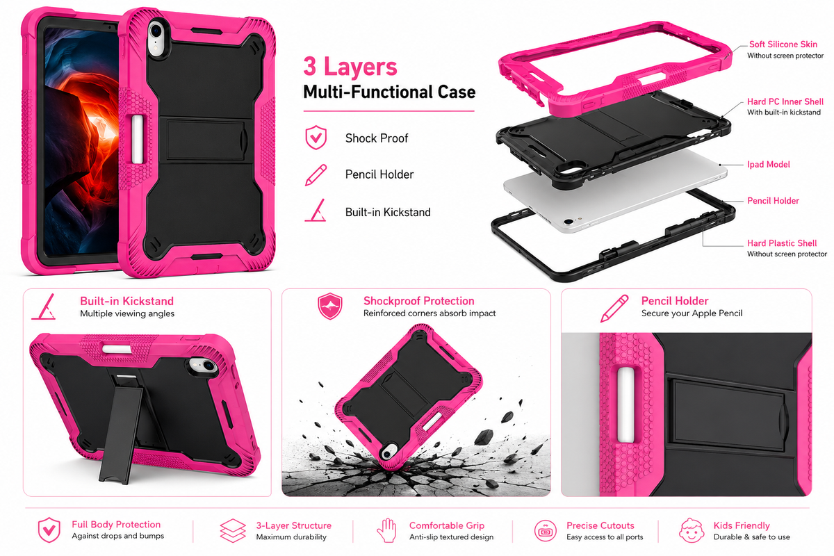 iPad 10th & 11th Gen Shockproof Case with Kickstand & Pencil Holder – Pink
