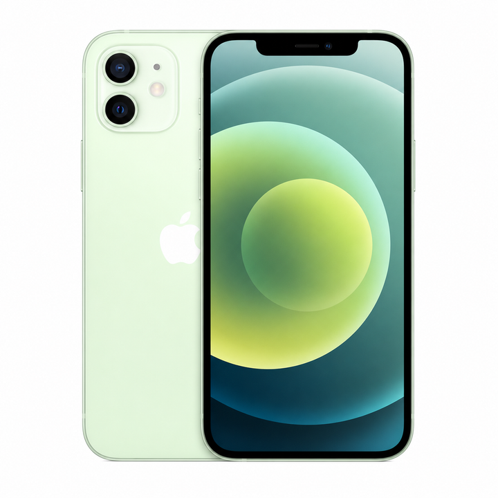 Green Apple iPhone 12 smartphone from SmartGear NZ New Lynn New Zealand showing front and back on a white background