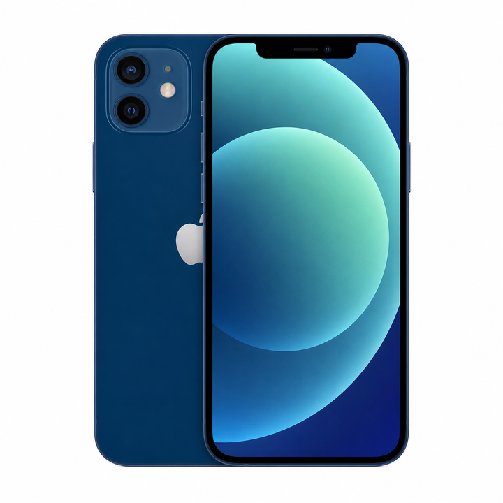 Blue iPhone 12 at SmartGear Nz New Lynn showing front and back on a white background