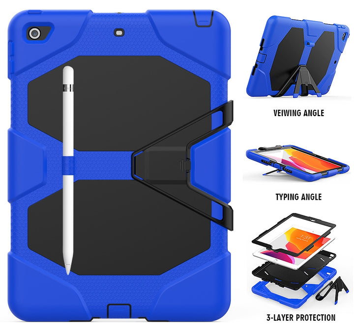 iPad 7th, 8th & 9th Gen 10.2-inch (Blue) Heavy Duty Rugged Shockproof Case w Built-in Screen Protector, Kickstand & Pencil Holder