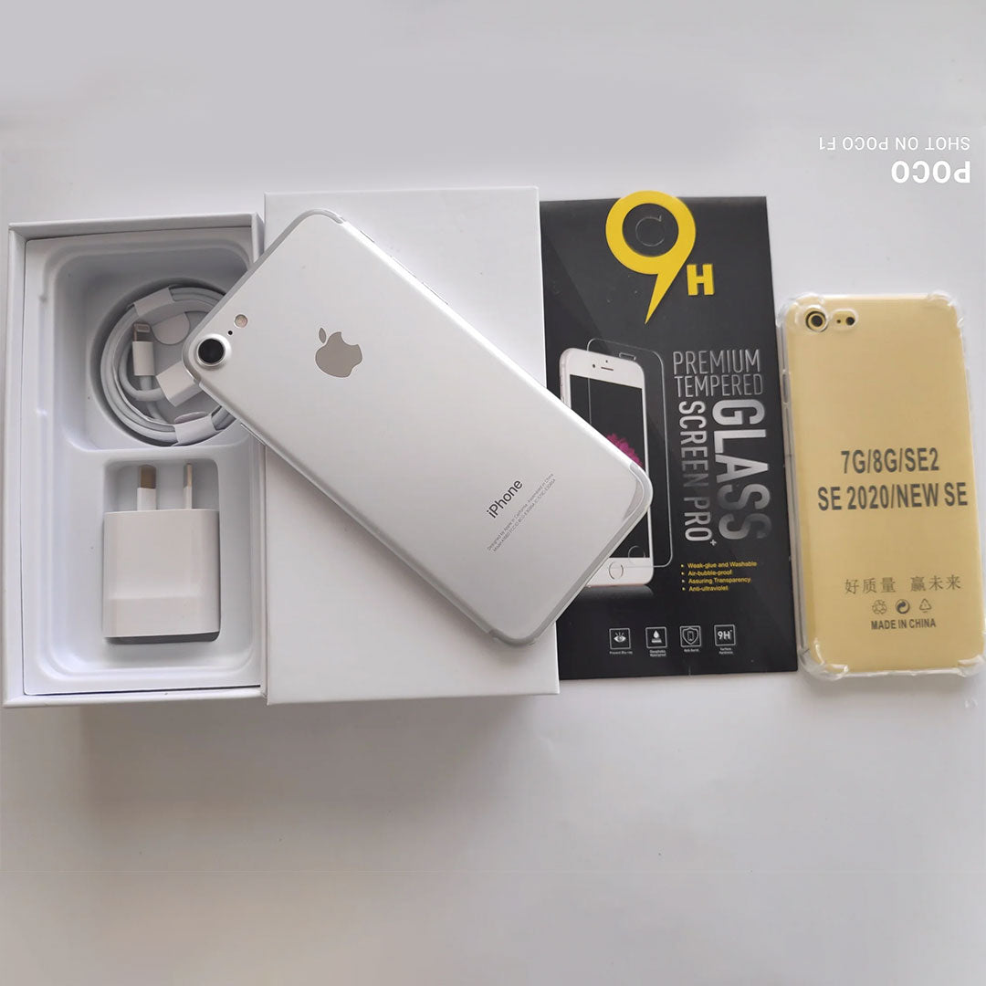 Apple iPhone 7 128GB White Silver - New Case, Glass Screen Protector (Exc) Crack at Bottom