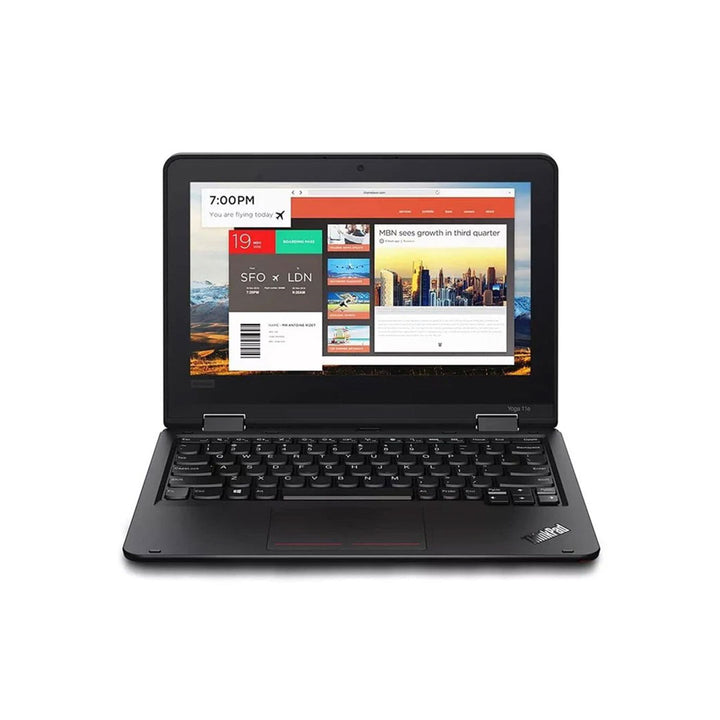 Black Lenovo 11e 5th Gen Yoga laptop with a colorful display on a white background