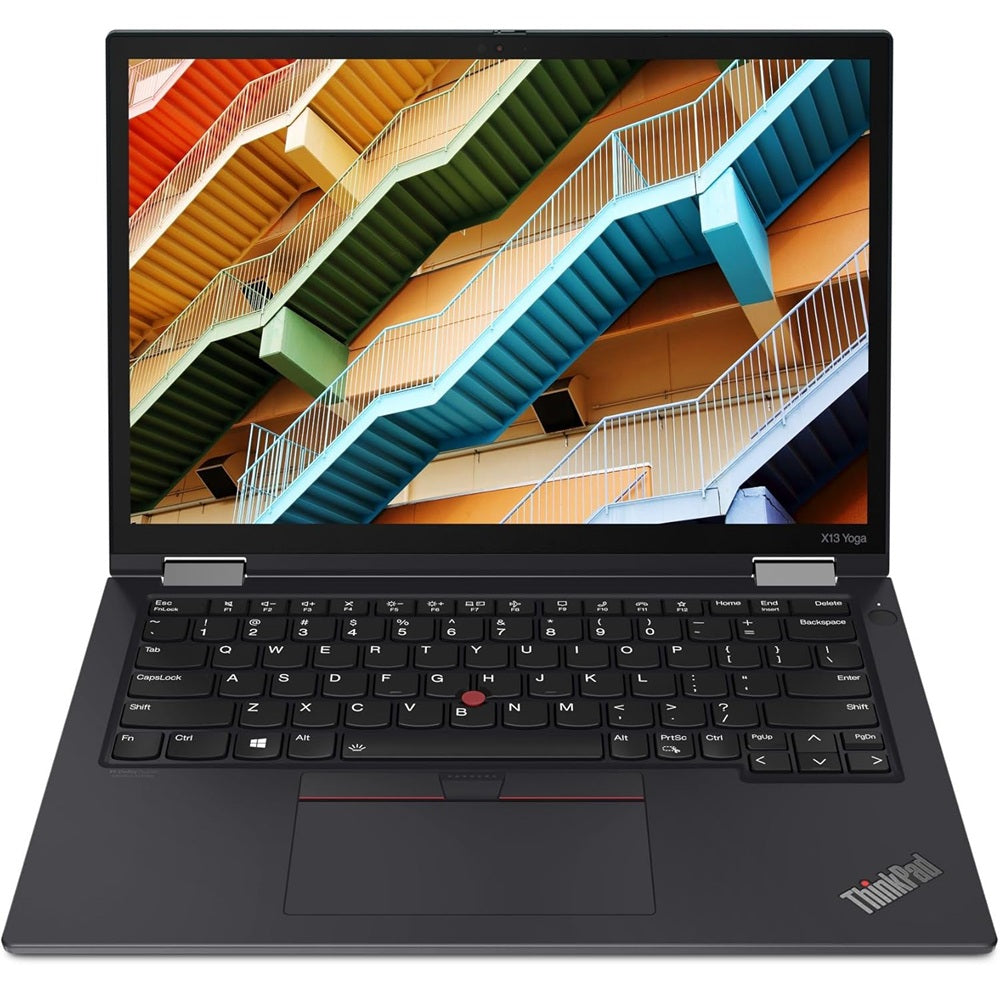 Lenovo ThinkPad X13 Yoga Gen 2 front view showing the screen, keyboard, TrackPoint and touchpad