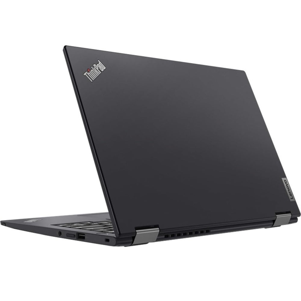 Lenovo ThinkPad X13 Yoga Gen 2 rear view showing the black lid, ThinkPad logo and hinges