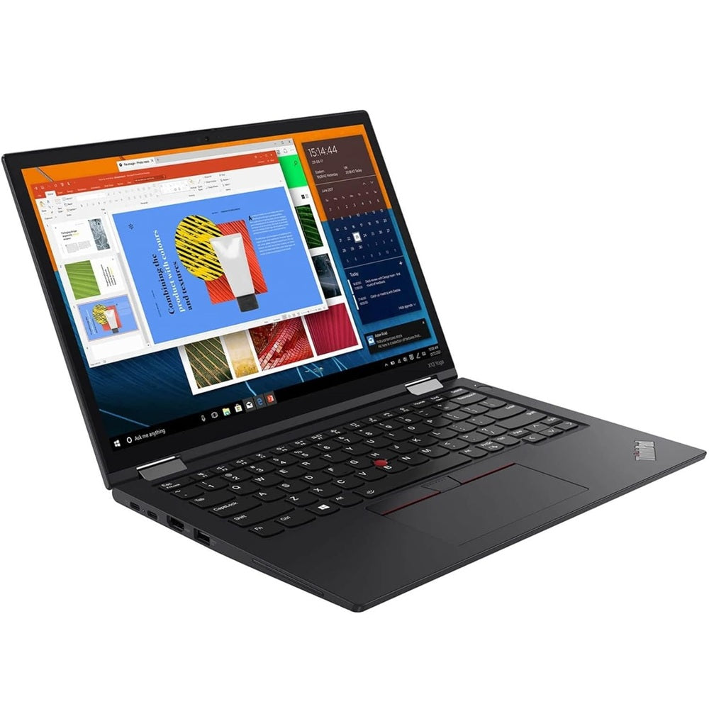 Lenovo ThinkPad X13 Yoga Gen 2 in laptop mode, angled view of the screen and keyboard