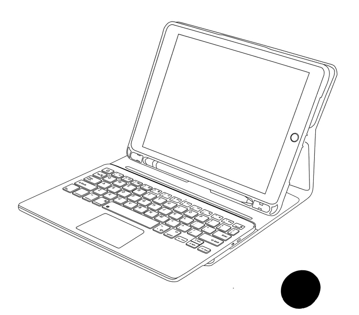 Line drawing of a smart keyboard case for iP Air 11"/10.9" and iPad Pro 11", showing the device's screen, keyboard, and the space for a pencil holder.