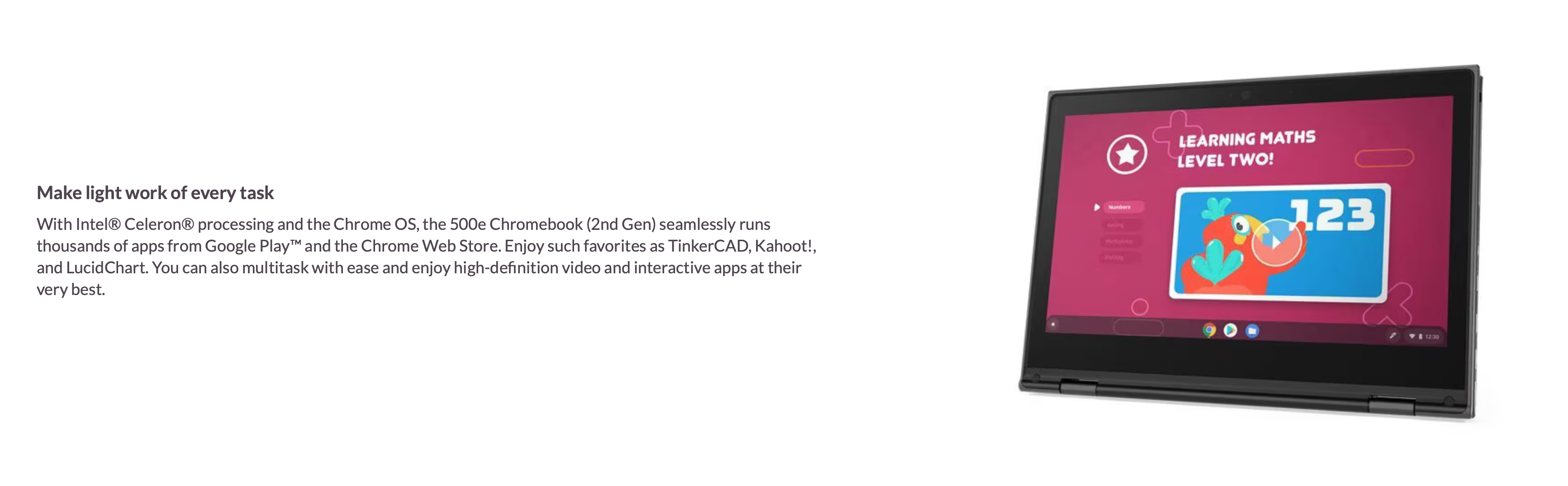 Chromebook screen displaying educational content with text on a white background Lenovo Chromebook 500e 2nd Gen – 360 Degree Hinge Side View
