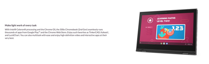 Chromebook screen displaying educational content with text on a white background Lenovo Chromebook 500e 2nd Gen – 360 Degree Hinge Side View
