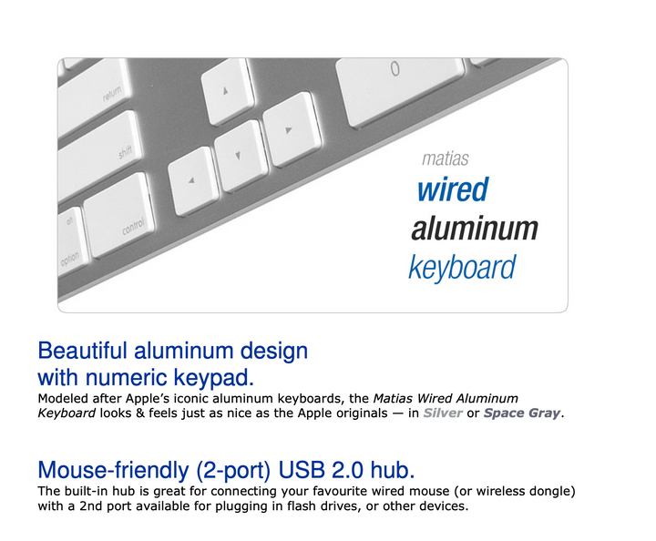 Matias FK318S Wired Aluminium Keyboard for Mac – Silver / White – Brand New