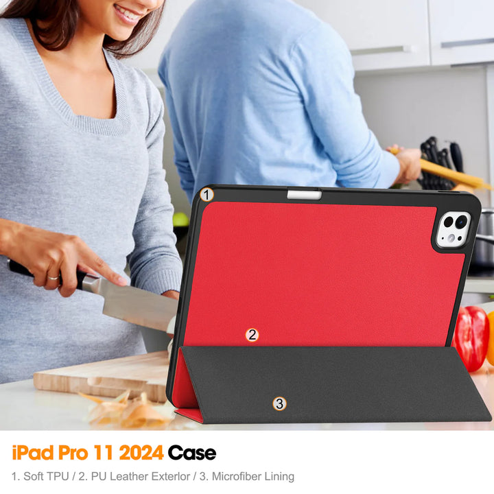 iPad Pro 12.9 2018 to 2022 Tri-Fold PU Leather Case with Pencil Holder - Red