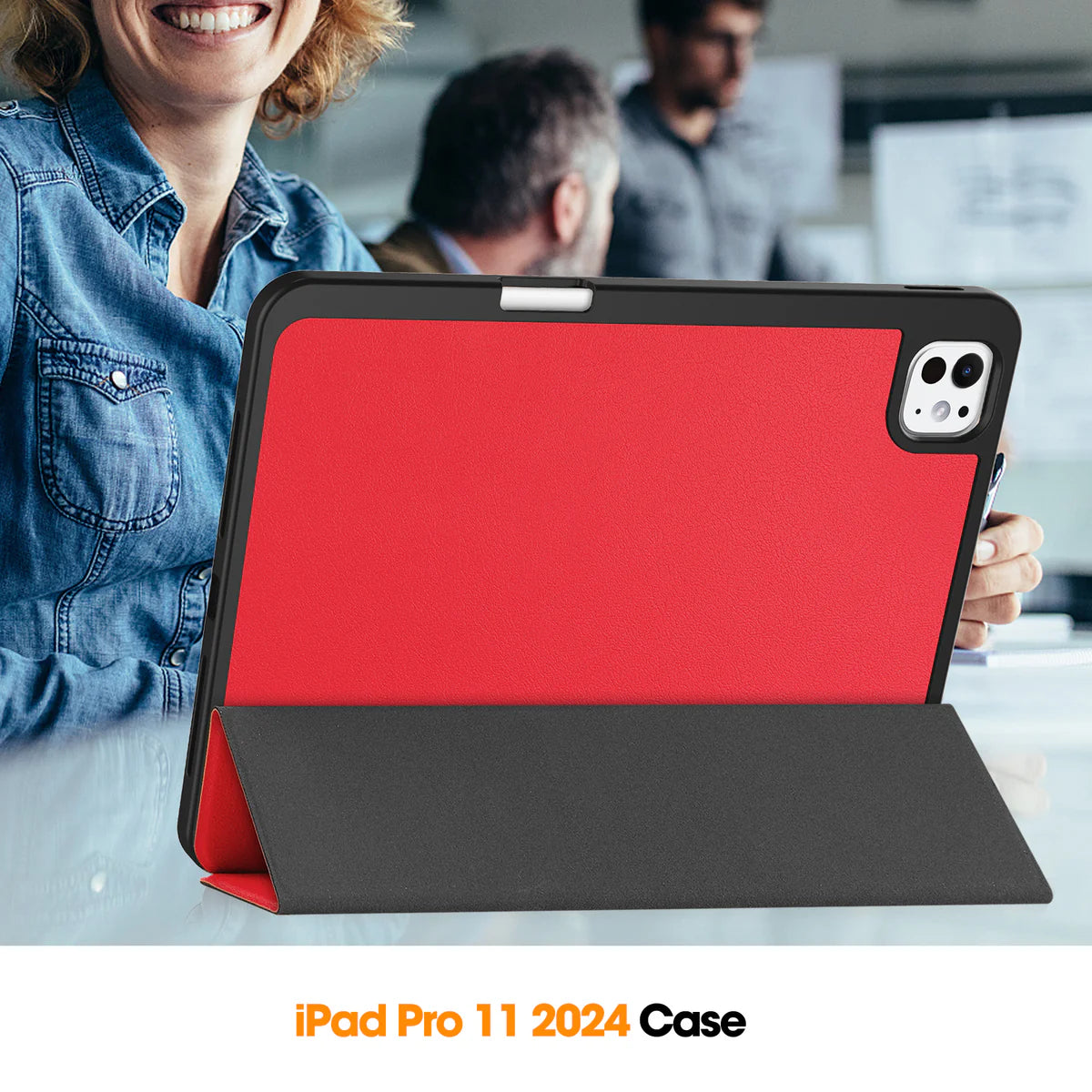 iPad Pro 12.9 2018 to 2022 Tri-Fold PU Leather Case with Pencil Holder - Red