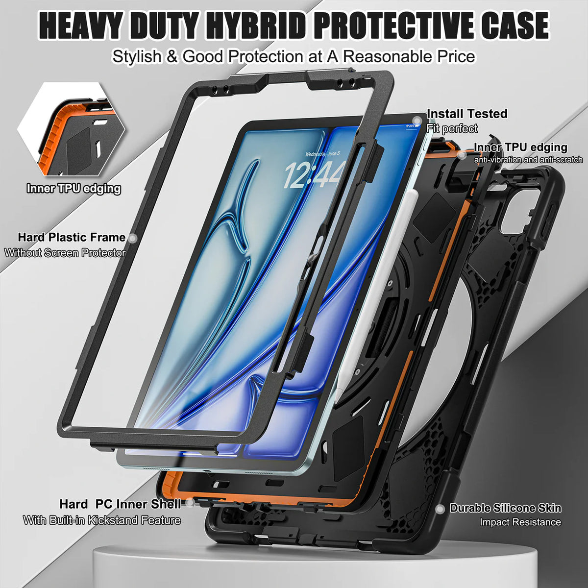 Apple iPad Air 13 (12.9 inch) 2024 Rugged Shockproof Case, 360° Rotating & Kickstand