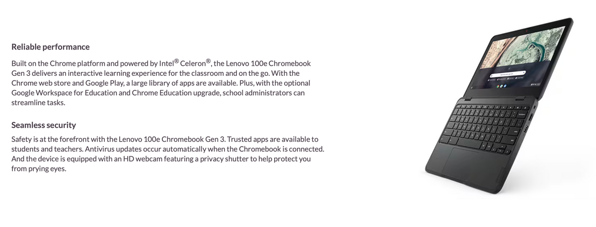 Lenovo Chromebook 100E Gen 3 Intel Celeron N4500 11.6 inch laptop front view SmartGear NZ New Lynn 2