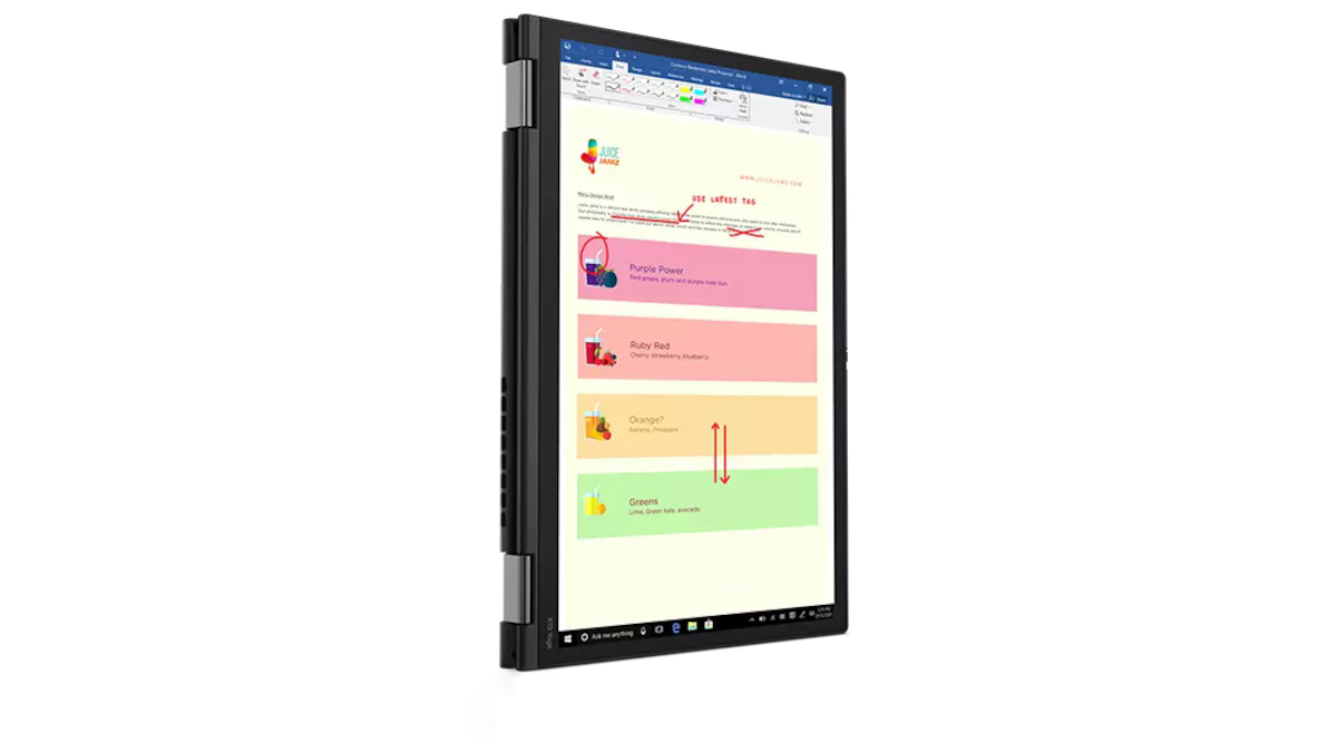 Lenovo ThinkPad X13 Yoga Gen 2 in portrait tablet mode displaying annotated notes