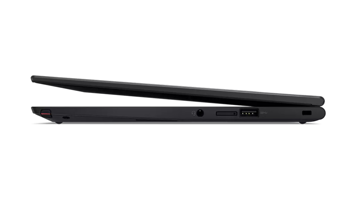 Lenovo ThinkPad X13 Yoga Gen 2 side profile showing the pen slot, audio jack, SIM slot and USB-A port