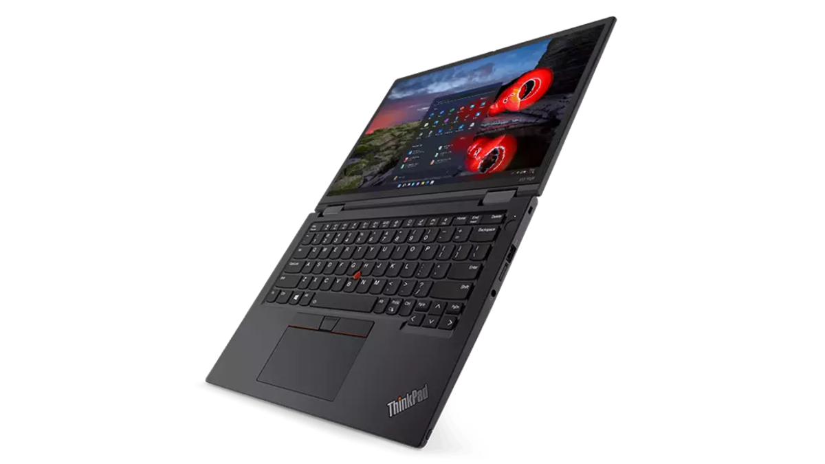 Lenovo ThinkPad X13 Yoga Gen 2 angled front view showing the keyboard, TrackPoint and touchpad