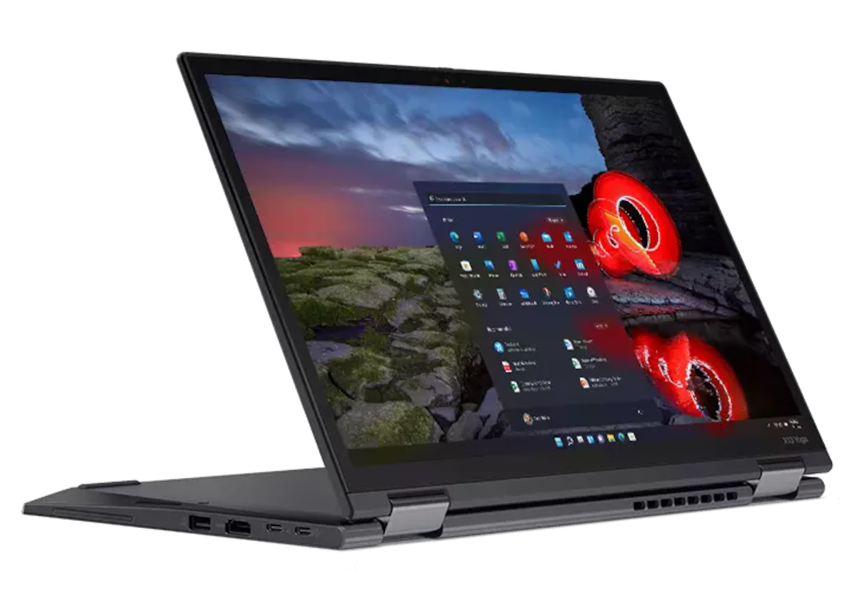 Lenovo ThinkPad X13 Yoga Gen 2 in stand mode displaying the Windows desktop