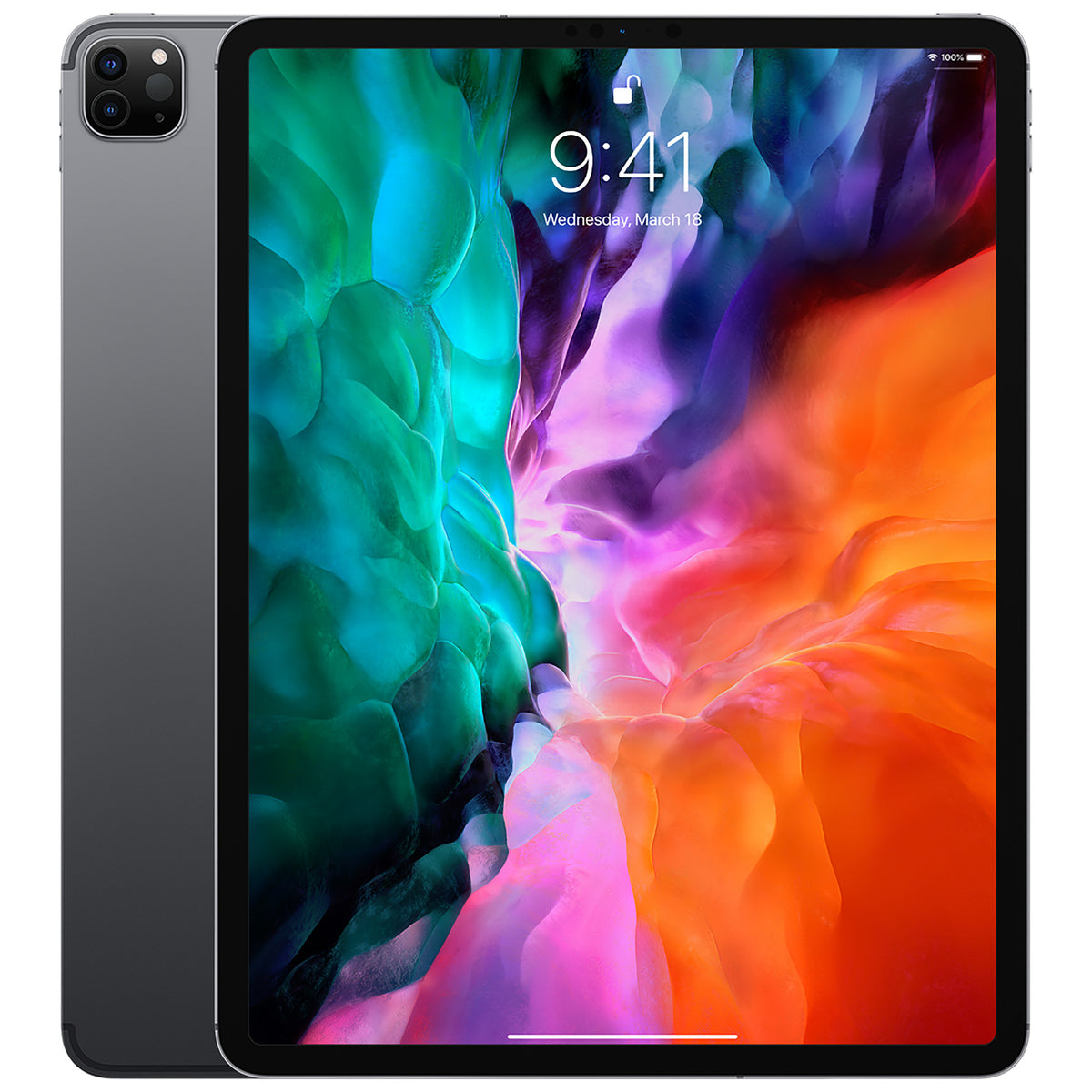 The image shows a 12.9-inch Apple iPad Pro with a colorful wallpaper on the screen, indicating that it is turned on and ready for use.