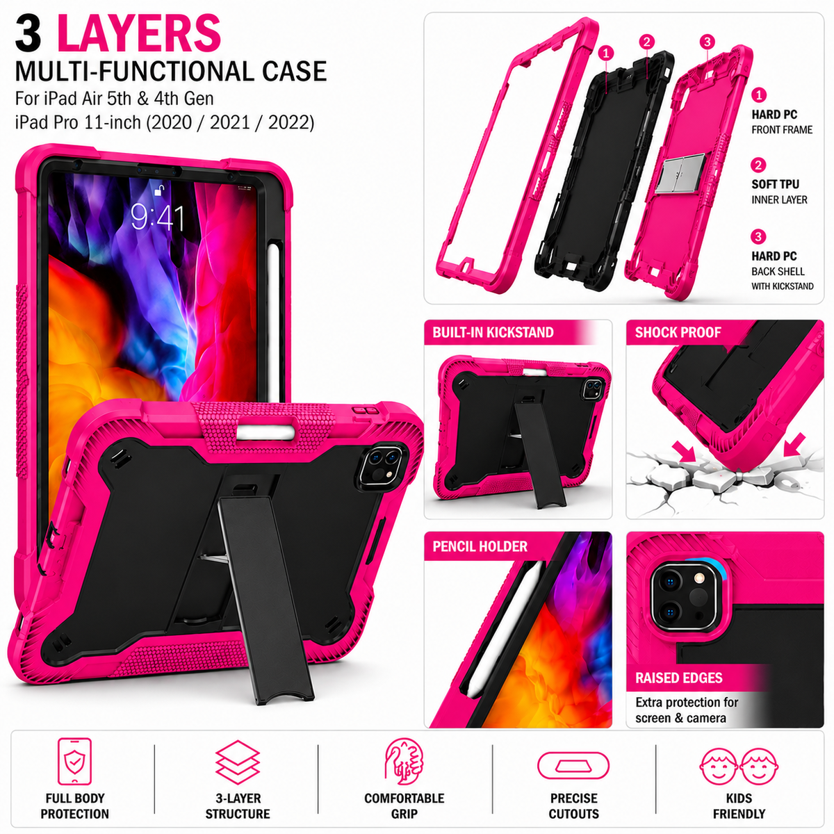 iPad Air 5th & 4th Gen / iPad Pro 11-inch (2020–2022) Heavy Duty Rugged Case with Kickstand & Pencil Holder – Pink