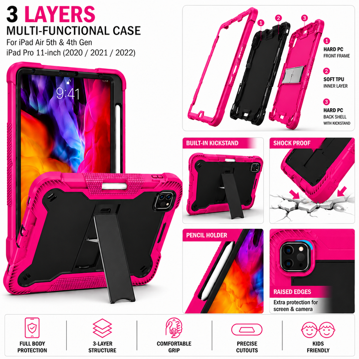 iPad Air 5th & 4th Gen / iPad Pro 11-inch (2020–2022) Heavy Duty Rugged Case with Kickstand & Pencil Holder – Pink